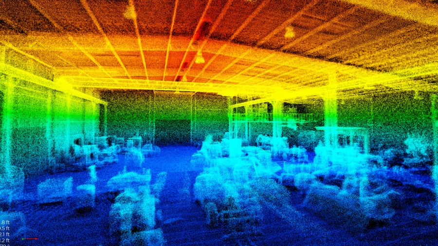 Colour-coded LiDAR point cloud of a building interior captured in flight