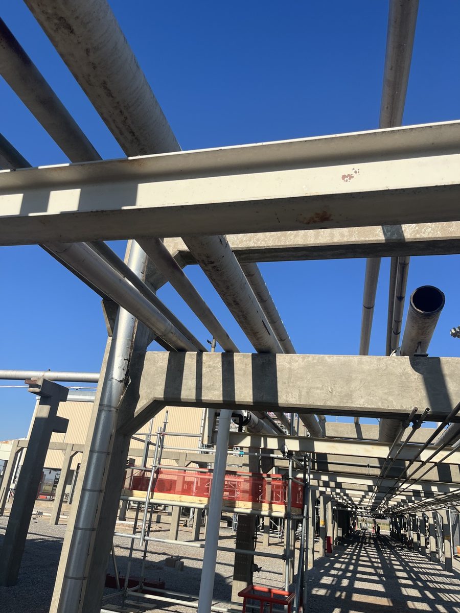 Process piping and structural steel in an elevated pipe rack