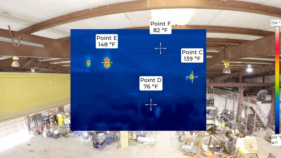 Thermal imagery overlaid on a structure with labelled temperature points
